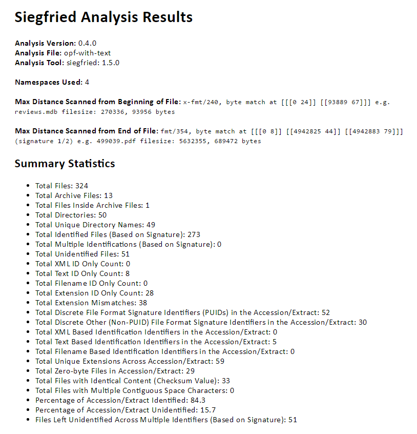 Summary statistics for a Siegfried export