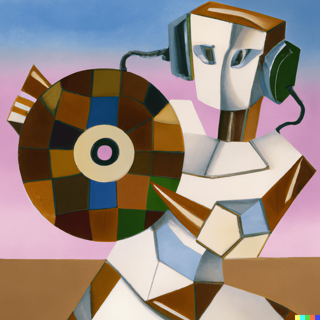 A cubist painting of a robot chiselling information onto a stone CD disc