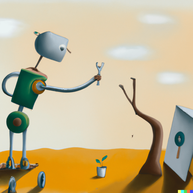 A surrealist painting of a robot learning to use tools