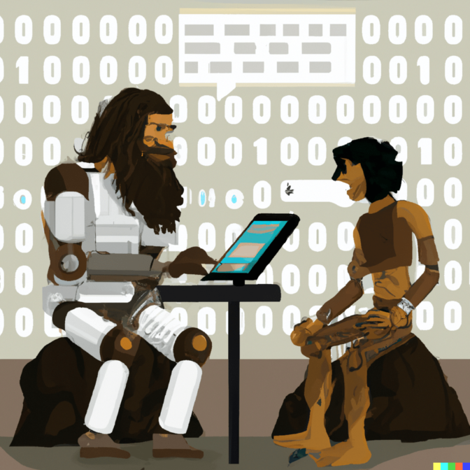 A caveman learns to code from a futuristic robot