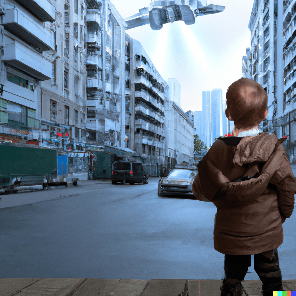A child in a city watches a futuristic star-trek space ship in the sky