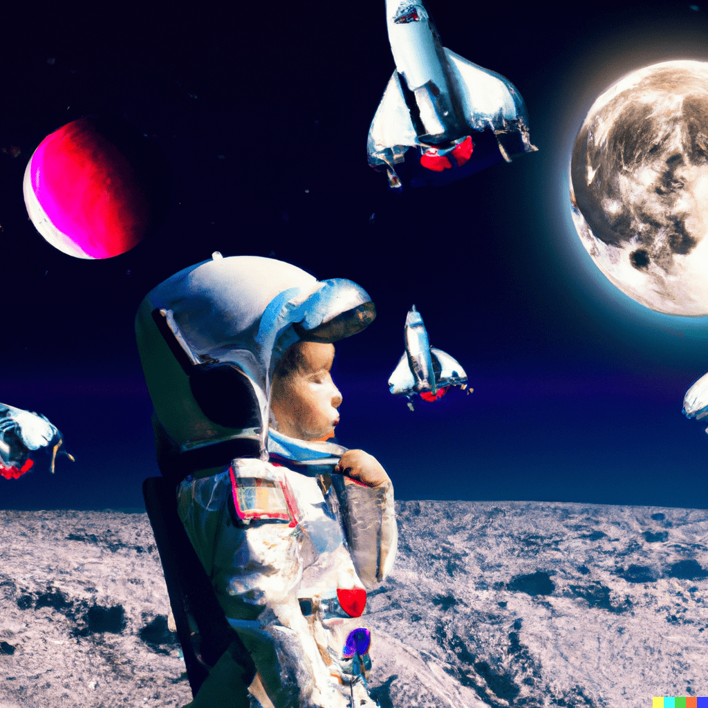 A girl in a spacesuit on the moon watches a formation of Earth Spaceships flying towards the planet earth
