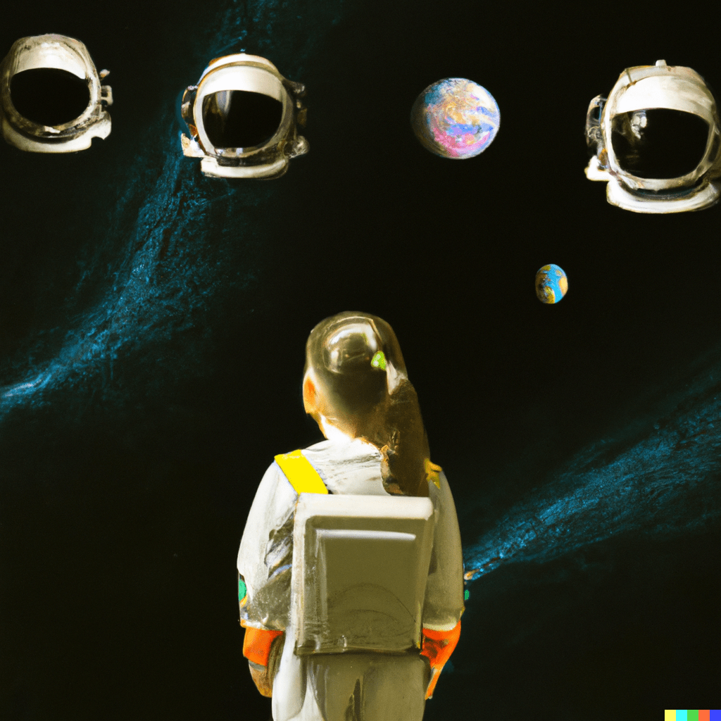 A girl in a spacesuit on the moon watches a formation of Earth Spaceships flying towards the planet earth